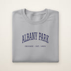 Albany Park Chicago Embroidered Crewneck — Navy Thread on Sport Grey