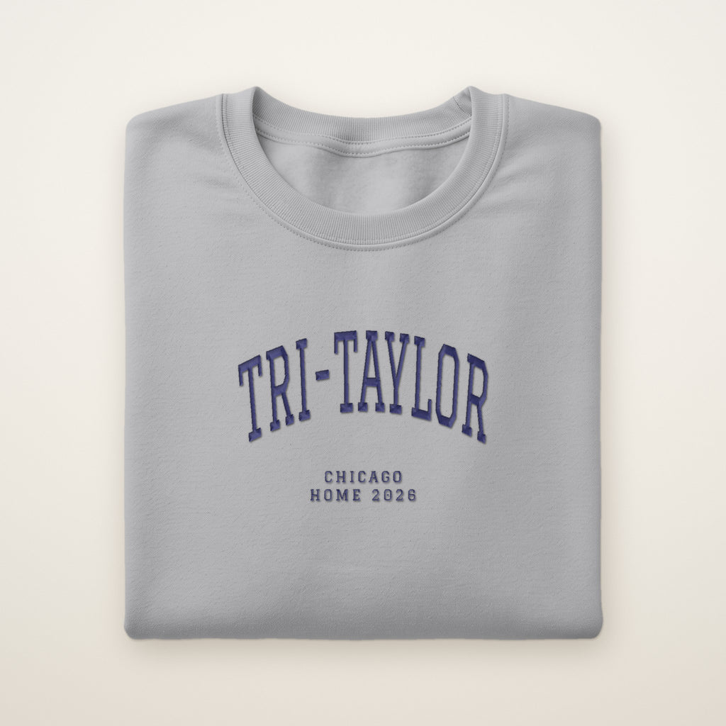 Tri-Taylor Chicago Home 2026 Embroidered Crewneck — Navy Thread on Sport Grey
