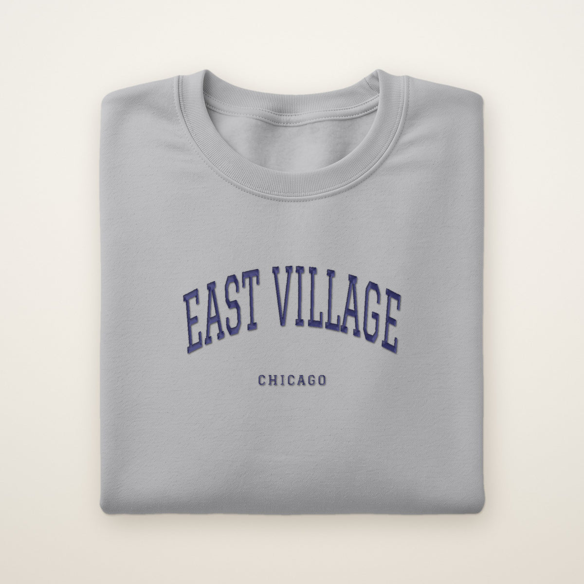 East Village Chicago Embroidered Crewneck — Navy Thread on Sport Grey