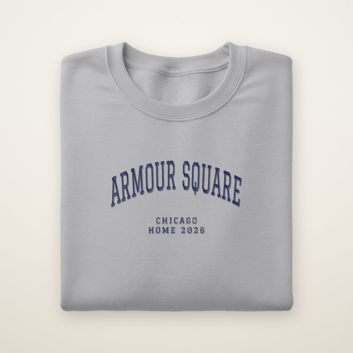 Armour Square Chicago Home 2026 Embroidered Crewneck — Navy Thread on Sport Grey