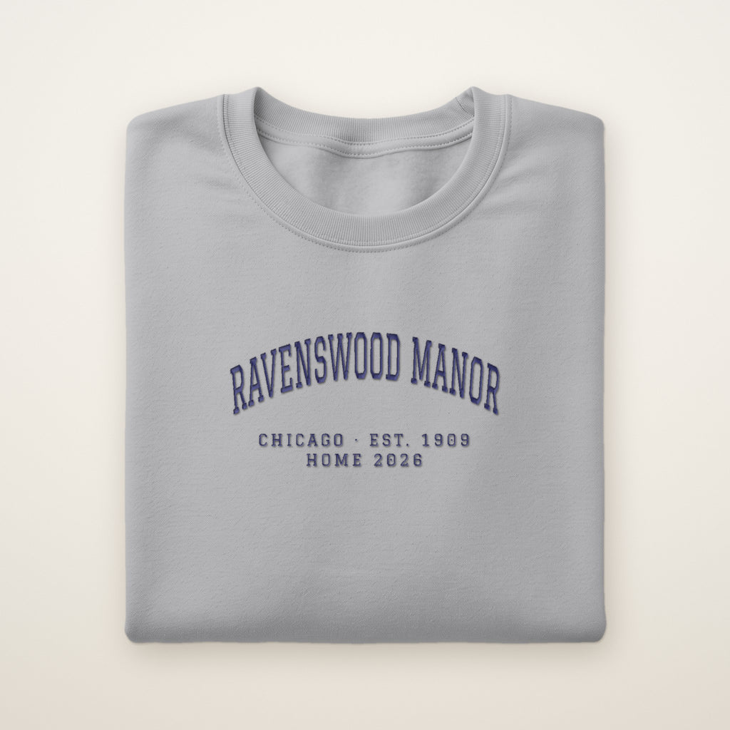 Ravenswood Manor Chicago Home 2026 Embroidered Crewneck — Navy Thread on Sport Grey