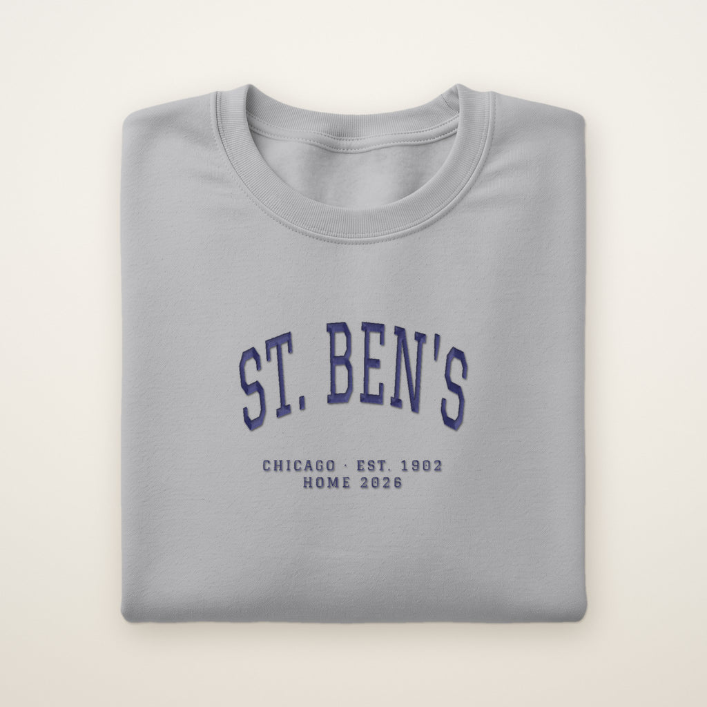St. Ben's Chicago Home 2026 Embroidered Crewneck — Navy Thread on Sport Grey