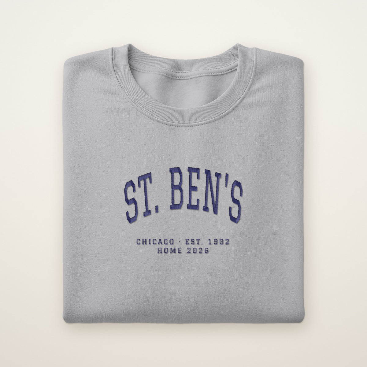 St. Ben's Chicago Home 2026 Embroidered Crewneck — Navy Thread on Sport Grey