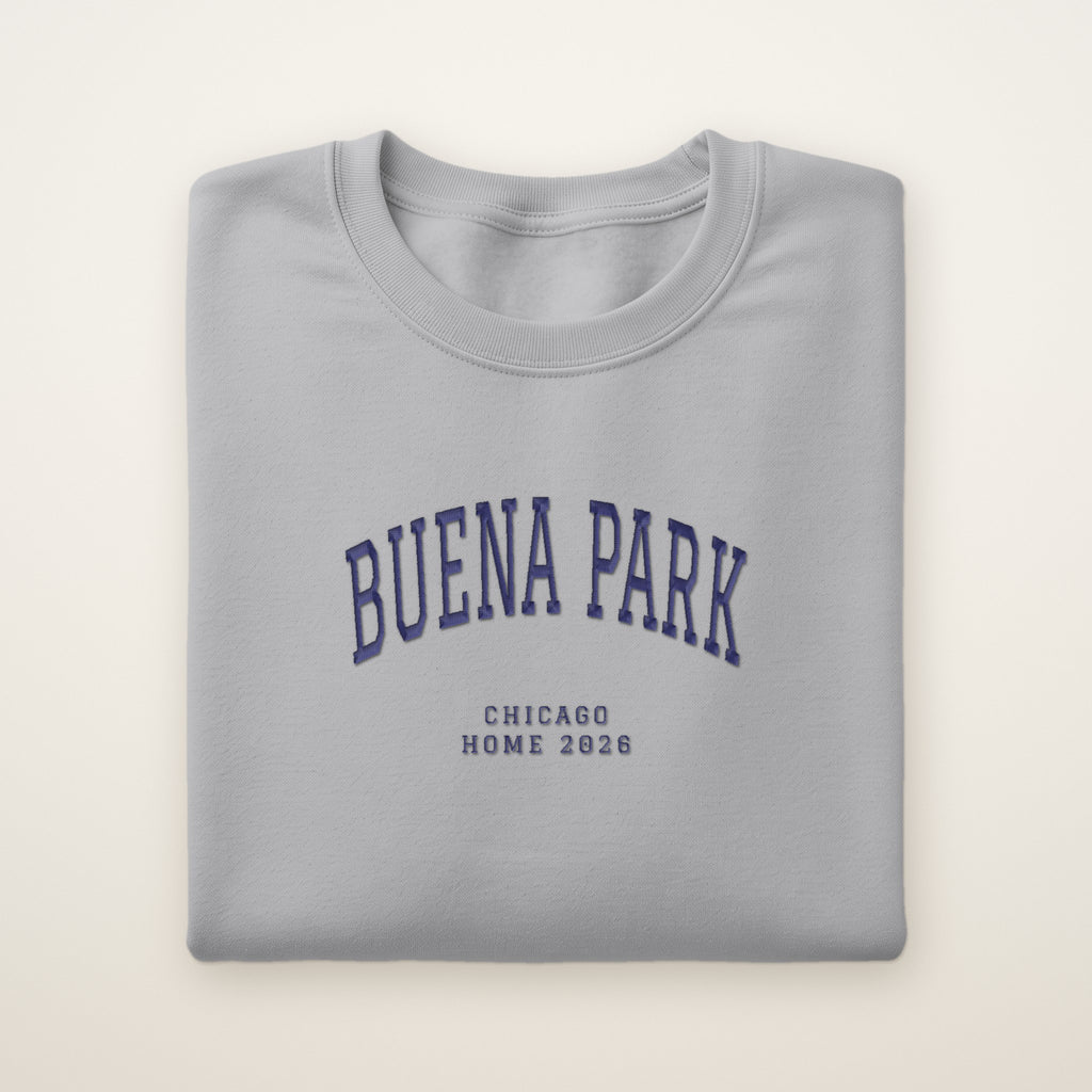 Buena Park Chicago Home 2026 Embroidered Crewneck — Navy Thread on Sport Grey