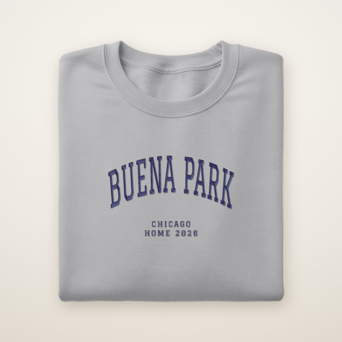 Buena Park Chicago Home 2026 Embroidered Crewneck — Navy Thread on Sport Grey