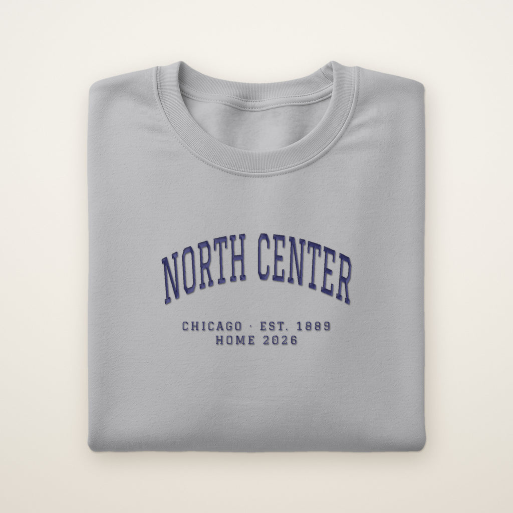 North Center Chicago Home 2026 Embroidered Crewneck — Navy Thread on Sport Grey
