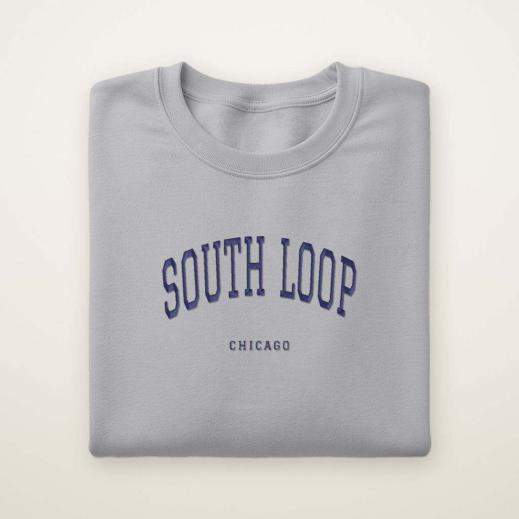 South Loop Chicago Embroidered Crewneck — Navy Thread on Sport Grey