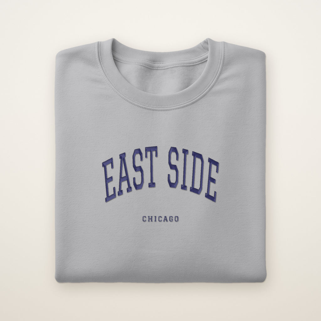 East Side Chicago Embroidered Crewneck — Navy Thread on Sport Grey