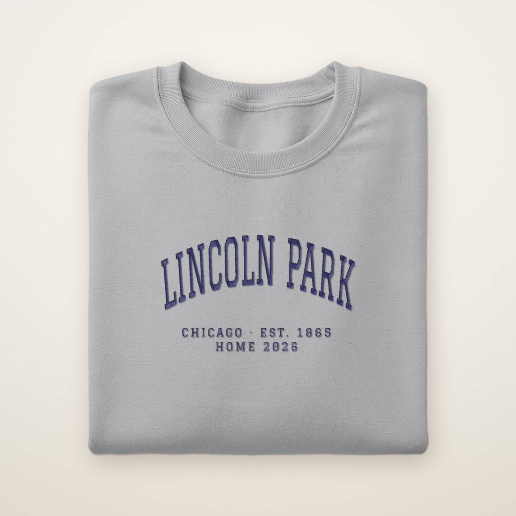 Lincoln Park Chicago Home 2026 Embroidered Crewneck — Navy Thread on Sport Grey