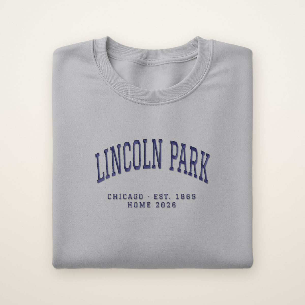 Lincoln Park Chicago Home 2026 Embroidered Crewneck — Navy Thread on Sport Grey