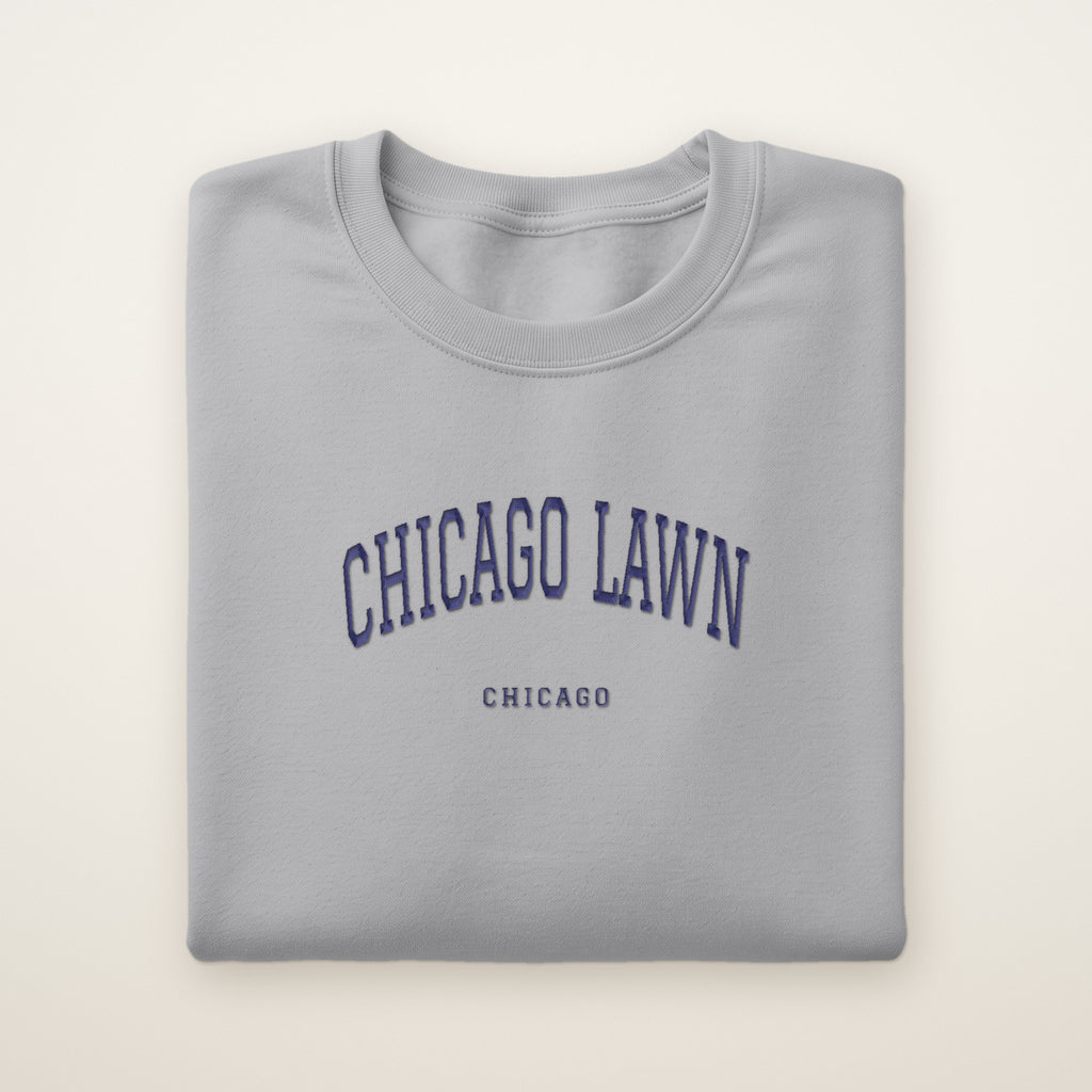 Chicago Lawn Chicago Embroidered Crewneck — Navy Thread on Sport Grey