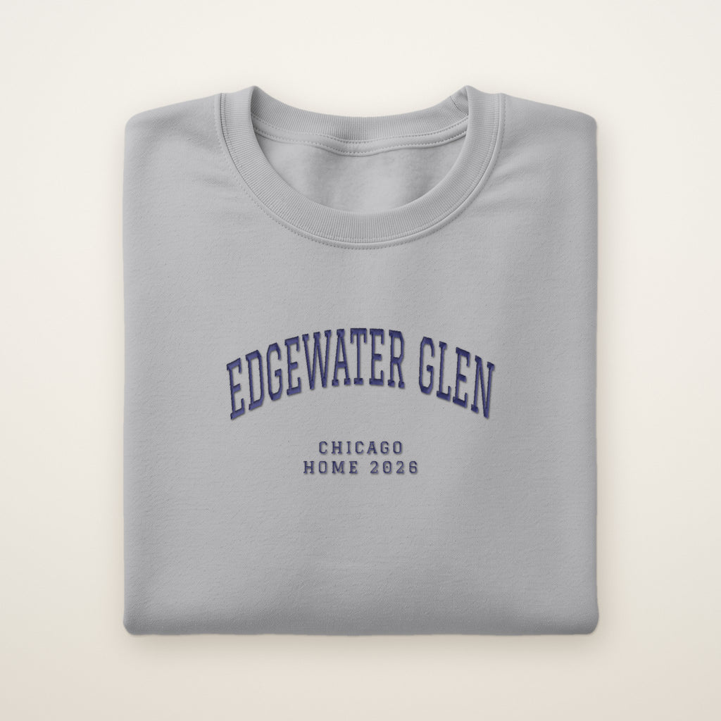 Edgewater Glen Chicago Home 2026 Embroidered Crewneck — Navy Thread on Sport Grey
