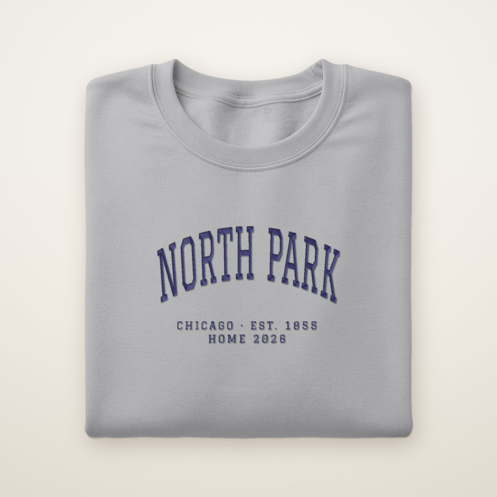 North Park Chicago Home 2026 Embroidered Crewneck — Navy Thread on Sport Grey