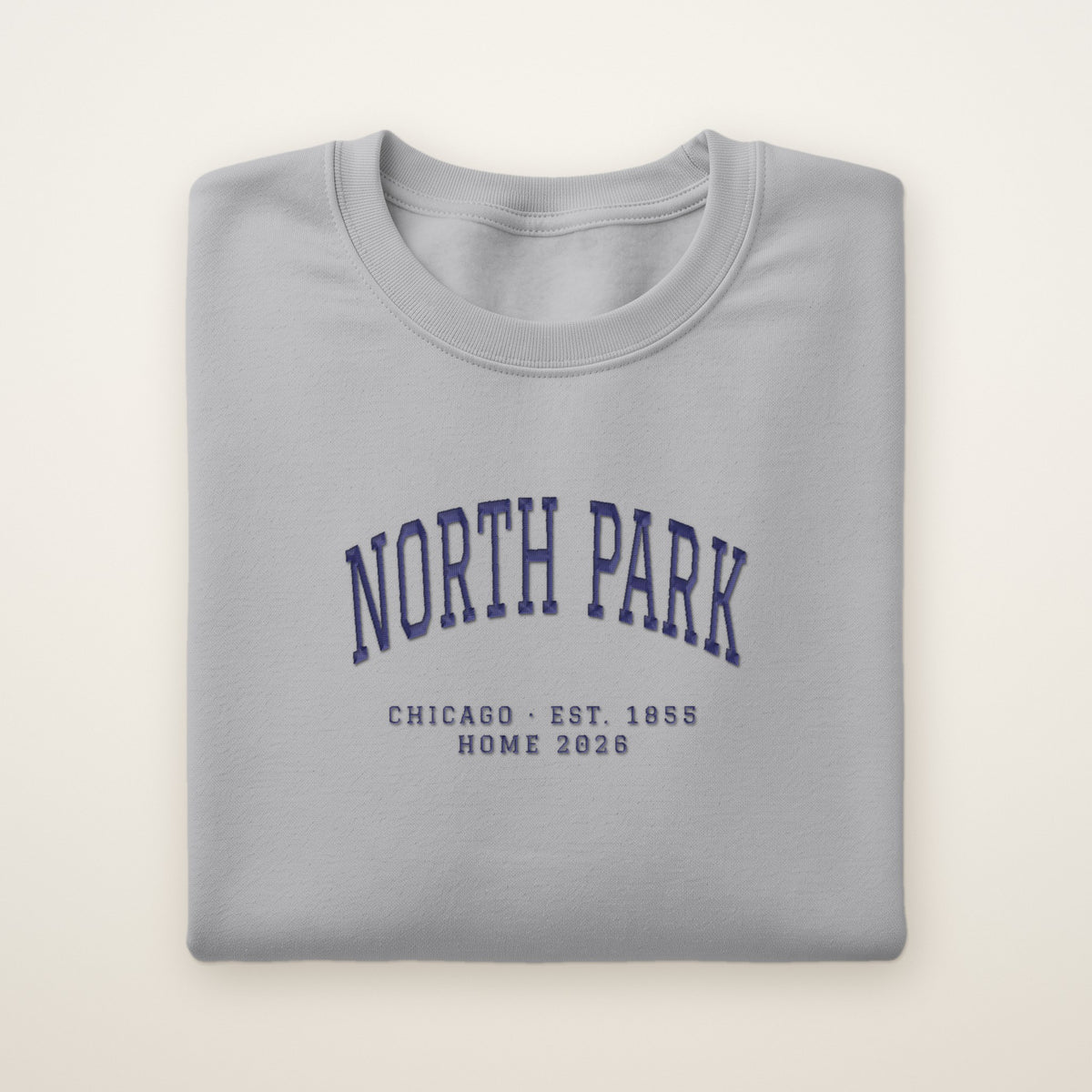North Park Chicago Home 2026 Embroidered Crewneck — Navy Thread on Sport Grey