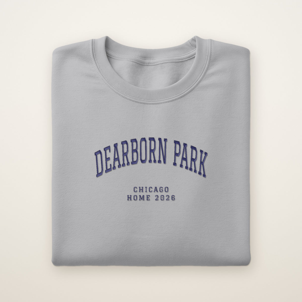 Dearborn Park Chicago Home 2026 Embroidered Crewneck — Navy Thread on Sport Grey