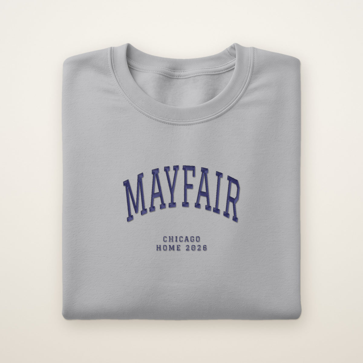 Mayfair Chicago Home 2026 Embroidered Crewneck — Navy Thread on Sport Grey