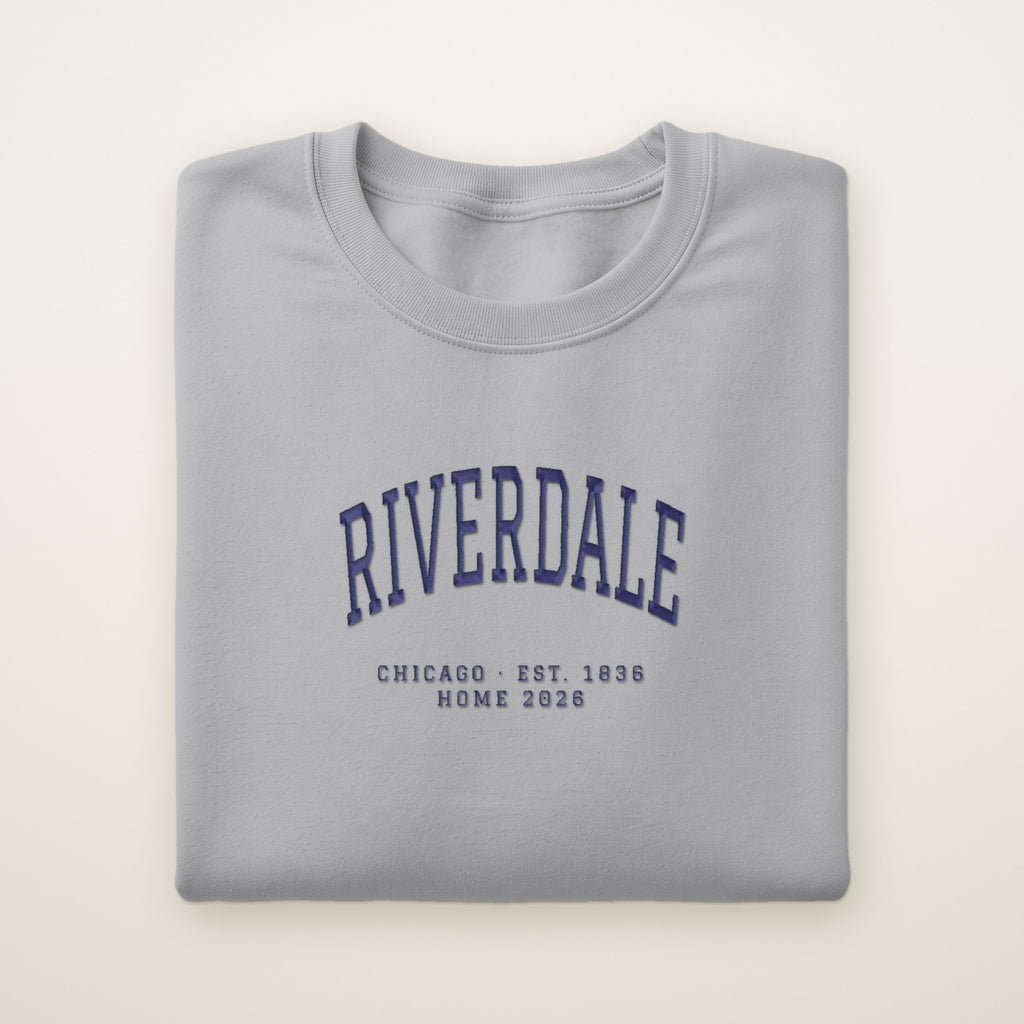 Riverdale Chicago Home 2026 Embroidered Crewneck — Navy Thread on Sport Grey