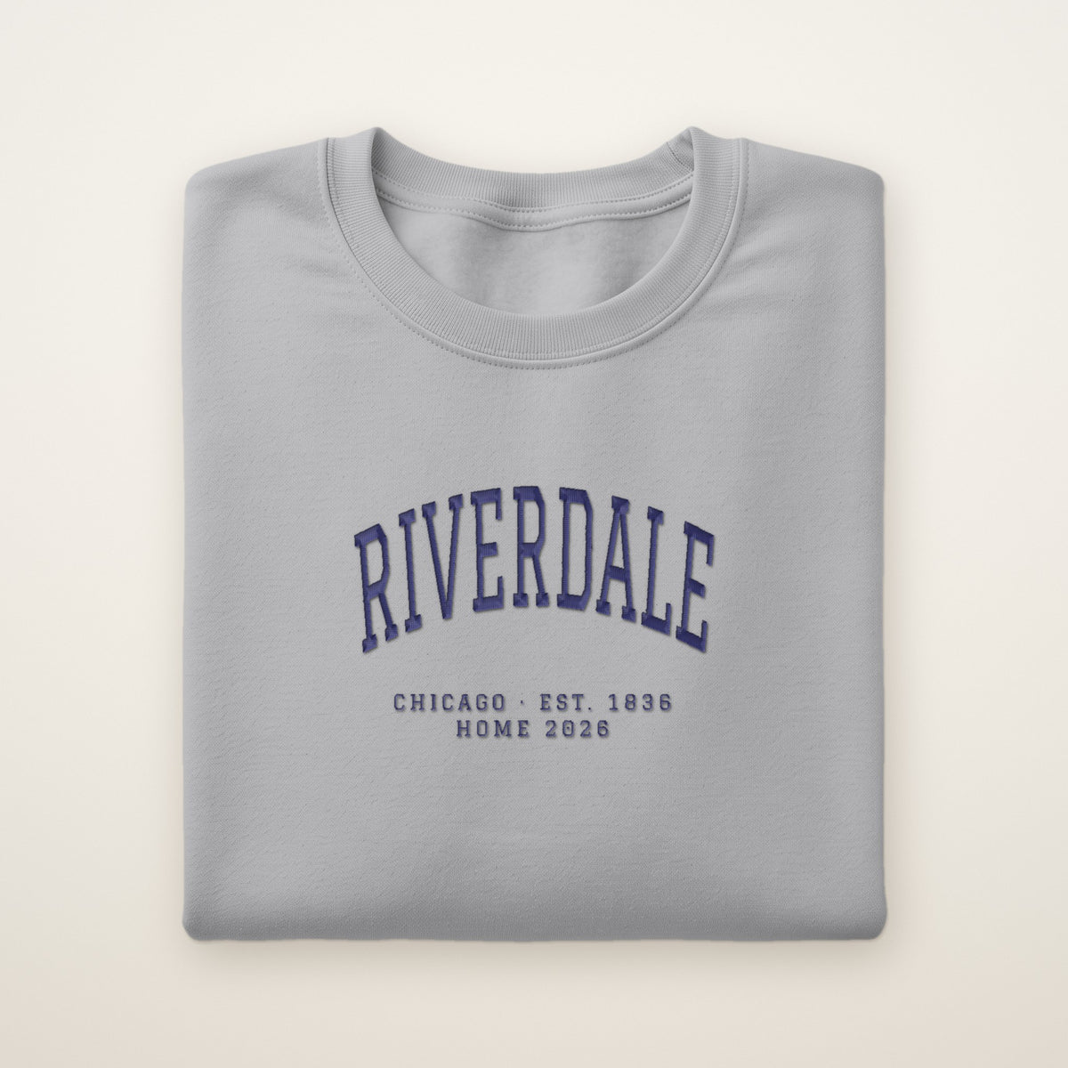 Riverdale Chicago Home 2026 Embroidered Crewneck — Navy Thread on Sport Grey