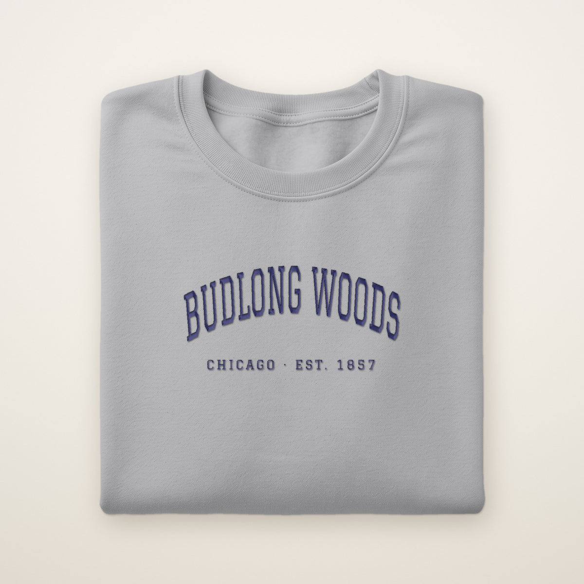 Budlong Woods Chicago Embroidered Crewneck — Navy Thread on Sport Grey