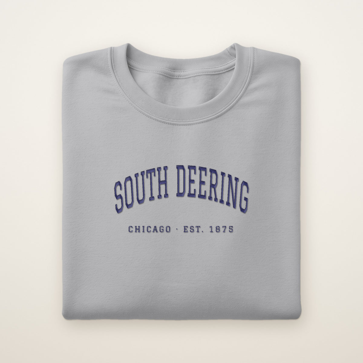 South Deering Chicago Embroidered Crewneck — Navy Thread on Sport Grey