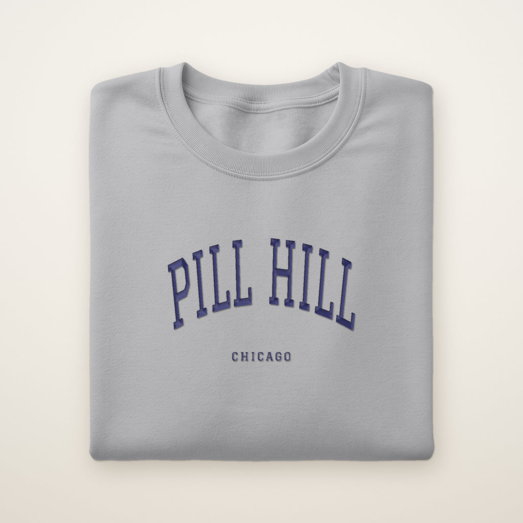Pill Hill Chicago Embroidered Crewneck — Navy Thread on Sport Grey