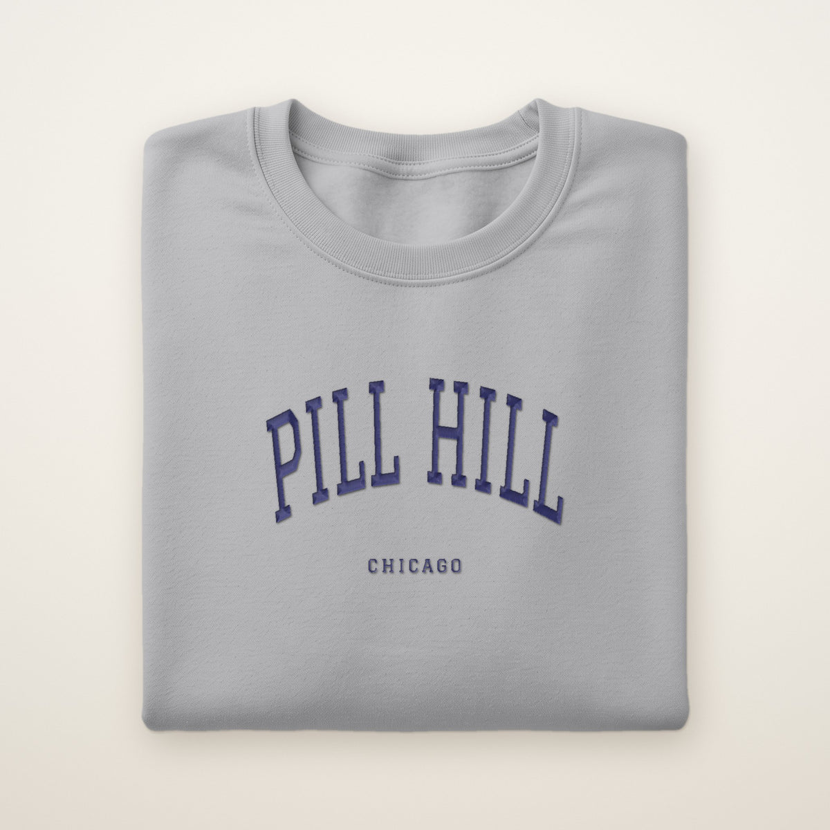 Pill Hill Chicago Embroidered Crewneck — Navy Thread on Sport Grey