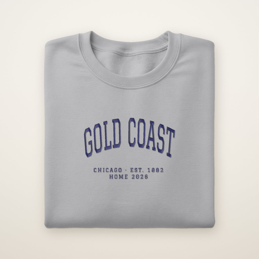 Gold Coast Chicago Home 2026 Embroidered Crewneck — Navy Thread on Sport Grey