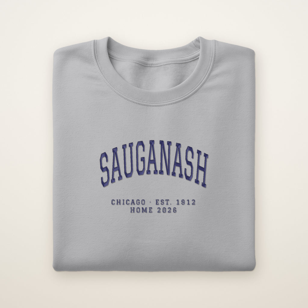 Sauganash Chicago Home 2026 Embroidered Crewneck — Navy Thread on Sport Grey