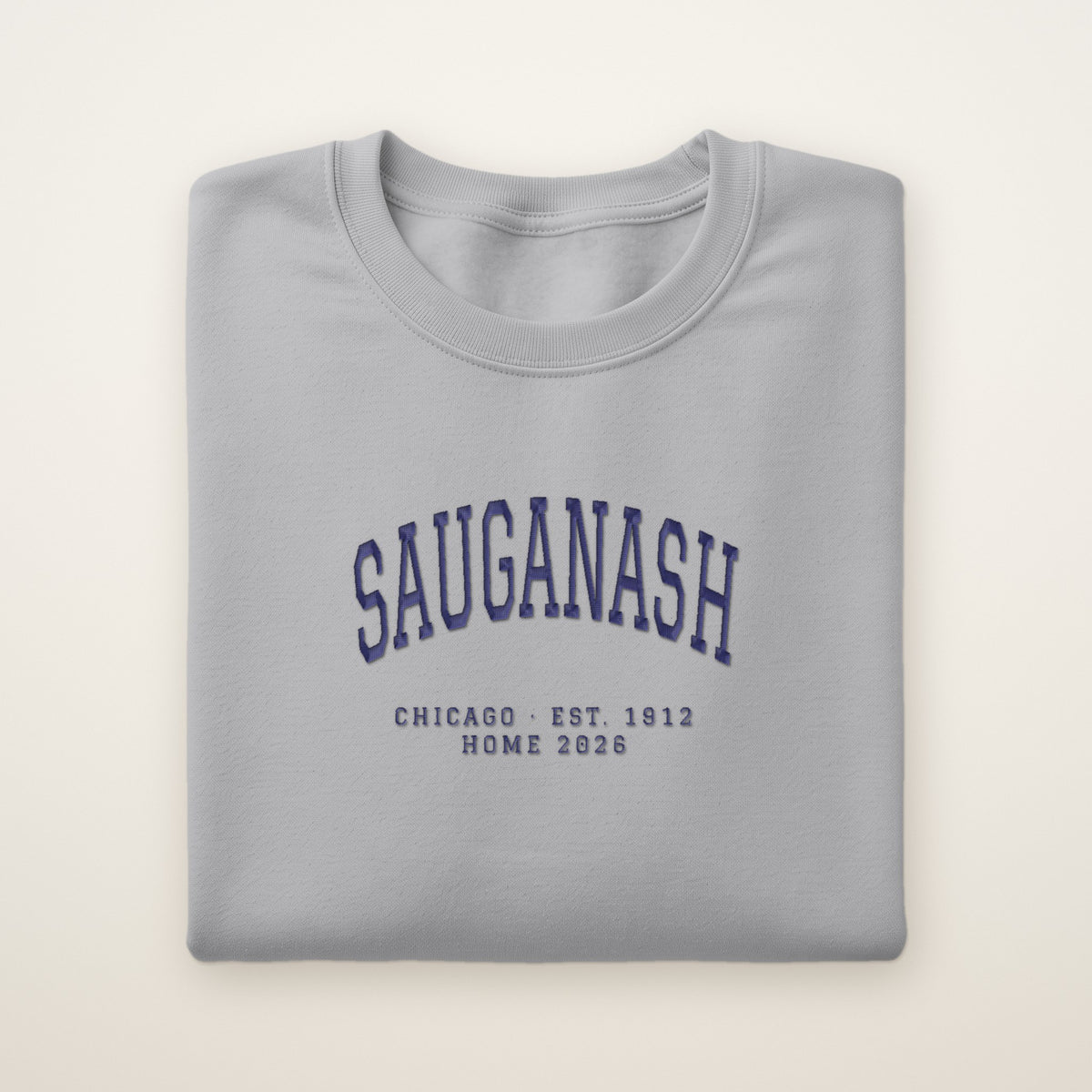 Sauganash Chicago Home 2026 Embroidered Crewneck — Navy Thread on Sport Grey