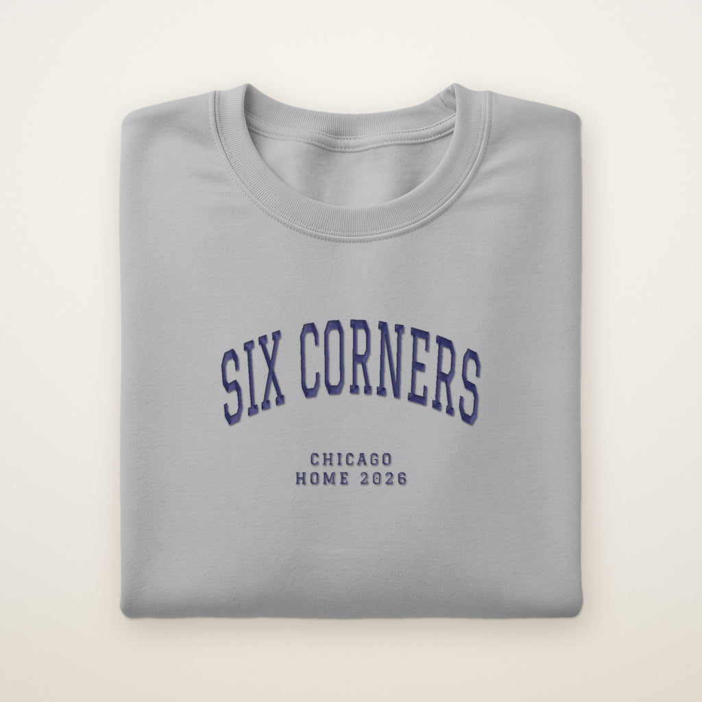 Six Corners Chicago Home 2026 Embroidered Crewneck — Navy Thread on Sport Grey