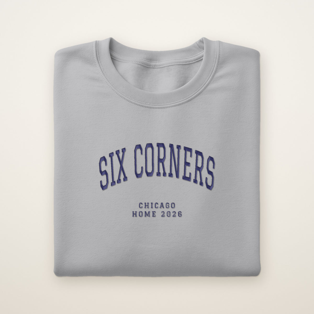Six Corners Chicago Home 2026 Embroidered Crewneck — Navy Thread on Sport Grey