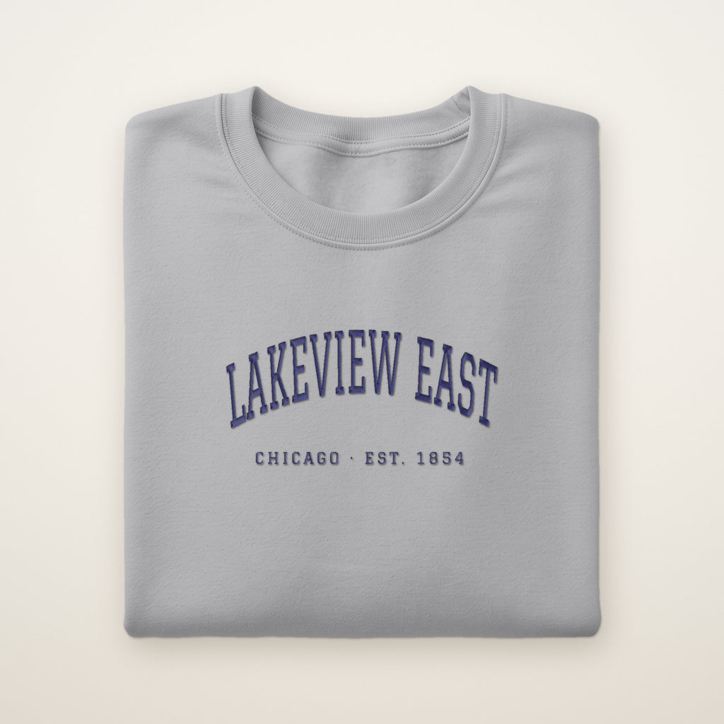 Lakeview East Chicago Embroidered Crewneck — Navy Thread on Sport Grey