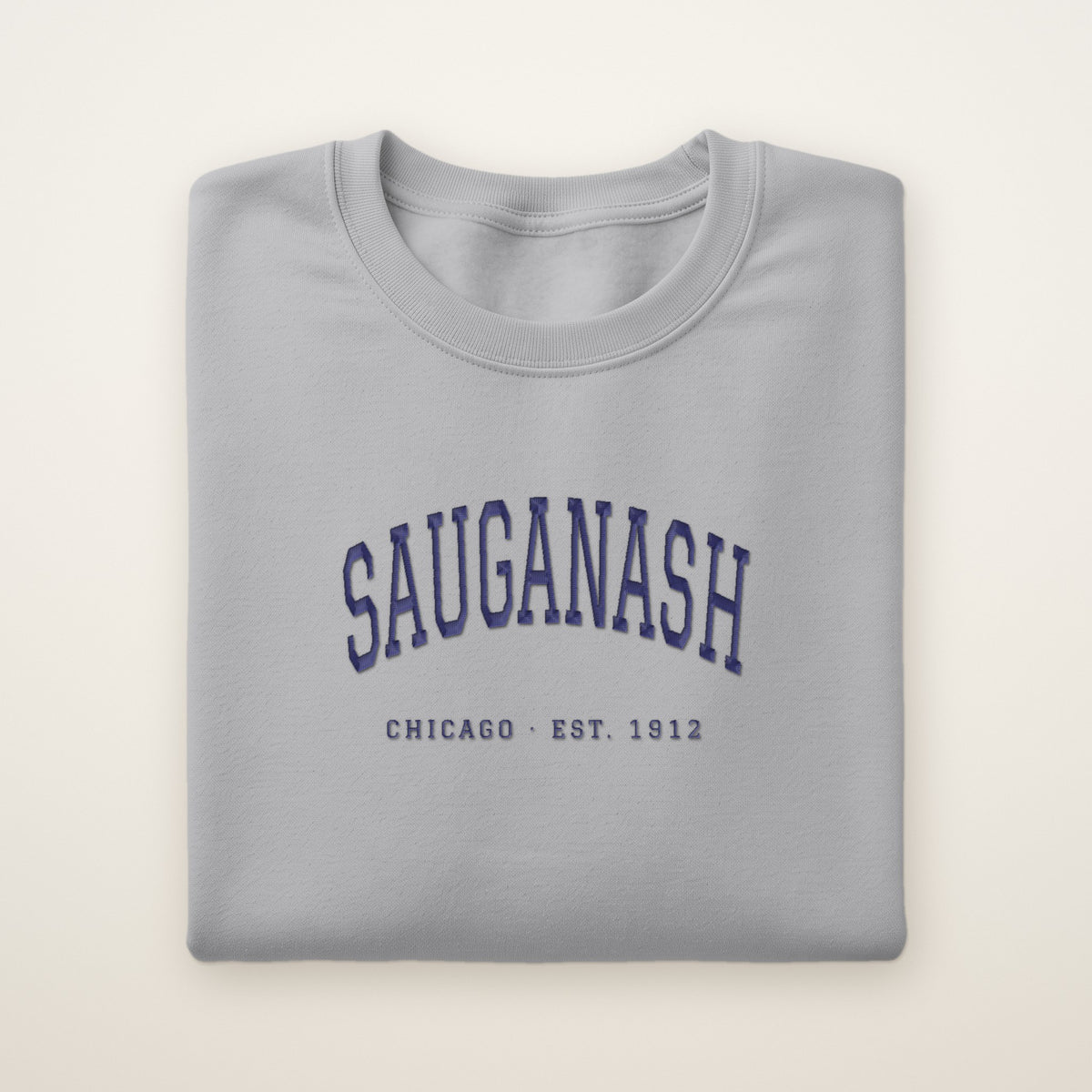 Sauganash Chicago Embroidered Crewneck — Navy Thread on Sport Grey