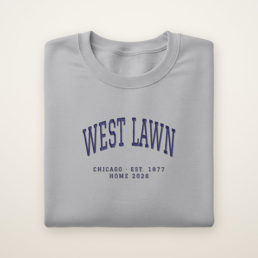 West Lawn Chicago Home 2026 Embroidered Crewneck — Navy Thread on Sport Grey