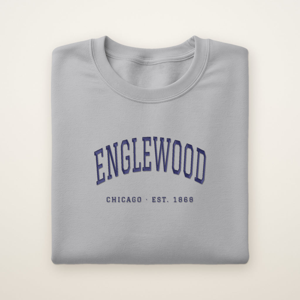 Englewood Chicago Embroidered Crewneck — Navy Thread on Sport Grey