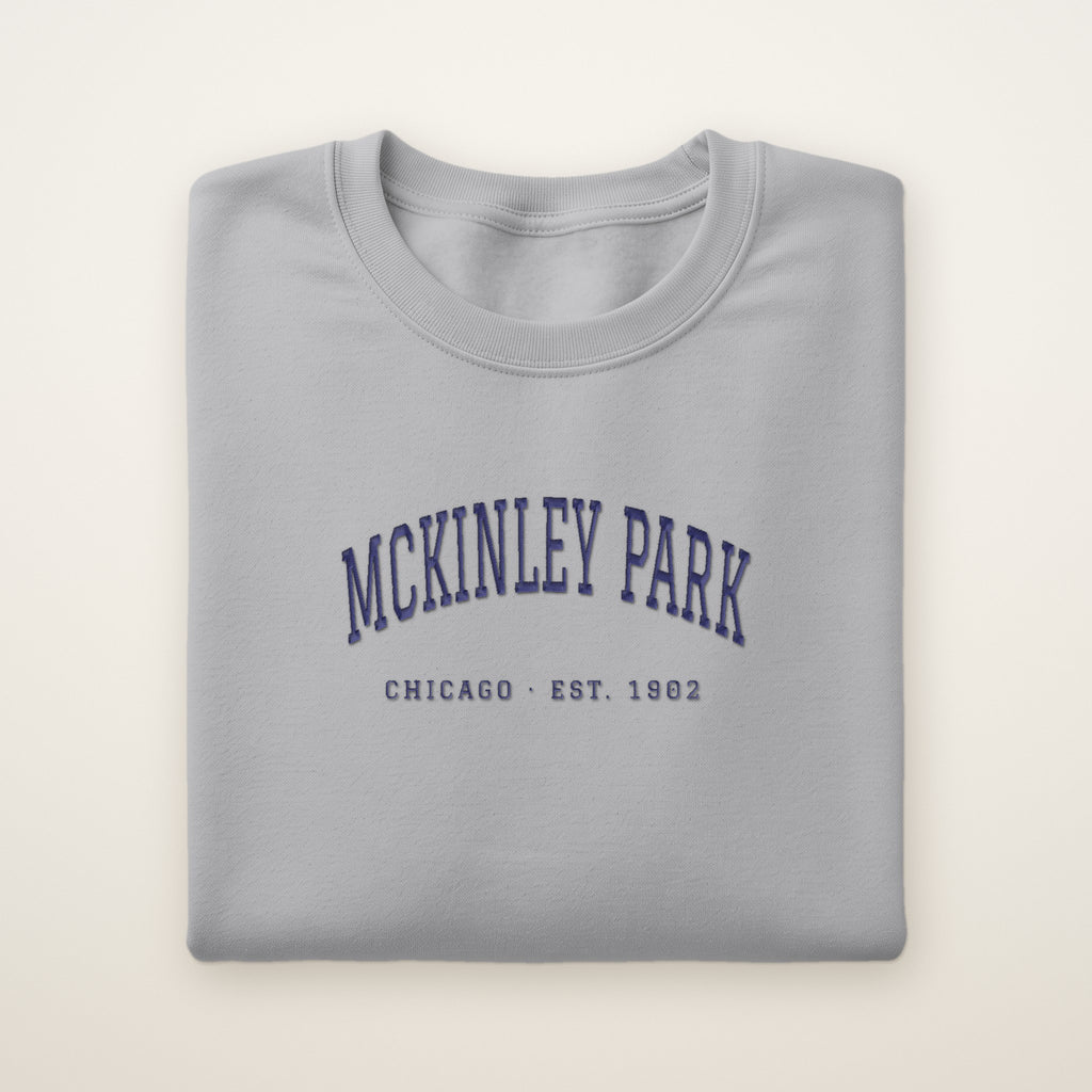 McKinley Park Chicago Embroidered Crewneck — Navy Thread on Sport Grey