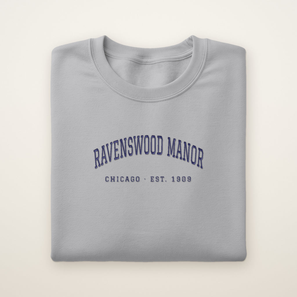Ravenswood Manor Chicago Embroidered Crewneck — Navy Thread on Sport Grey