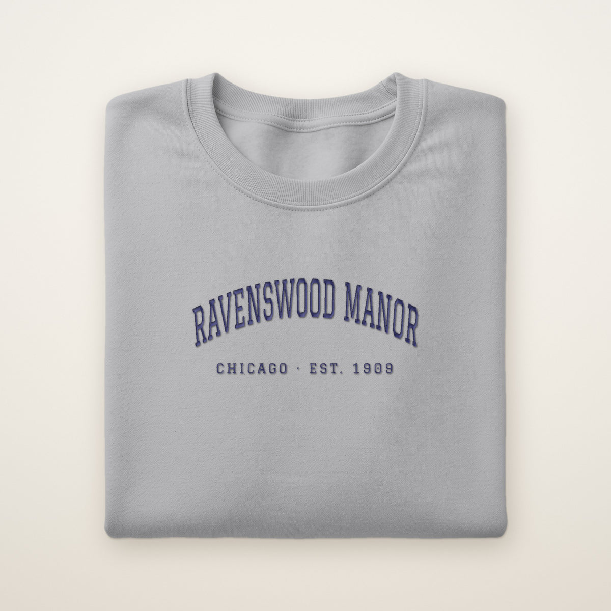 Ravenswood Manor Chicago Embroidered Crewneck — Navy Thread on Sport Grey