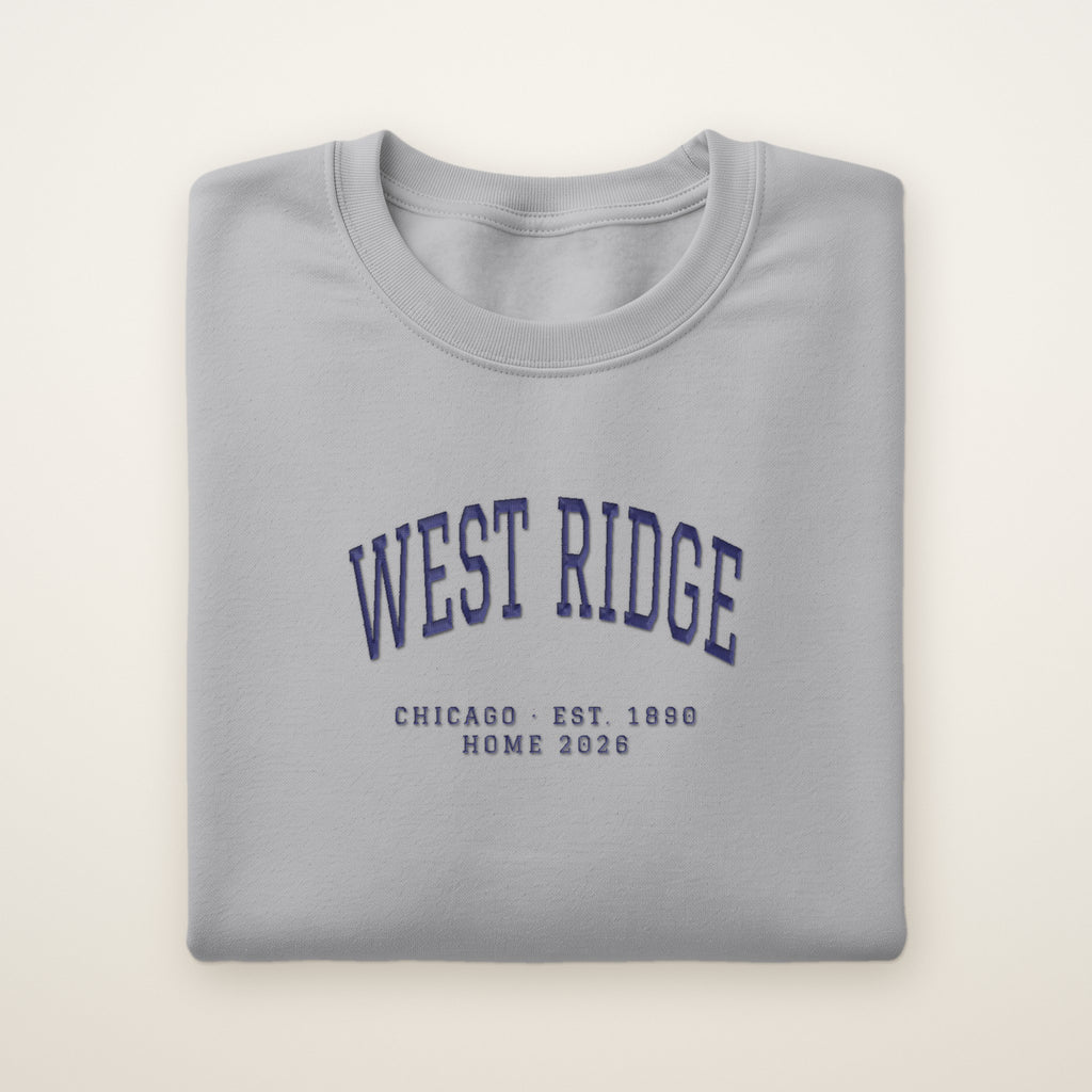 West Ridge Chicago Home 2026 Embroidered Crewneck — Navy Thread on Sport Grey