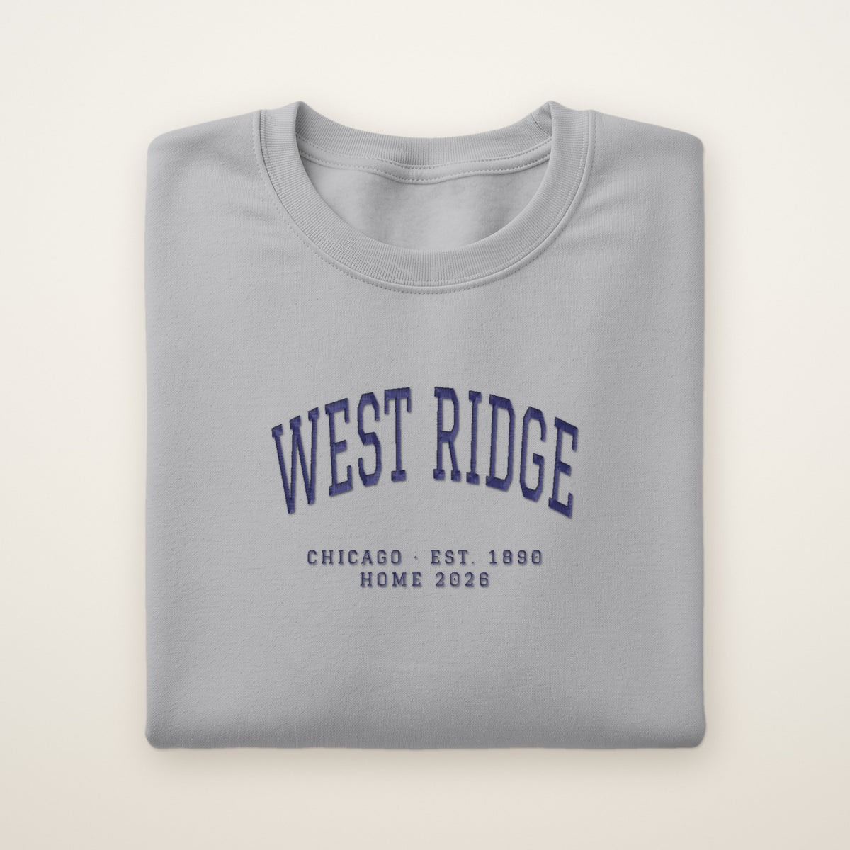West Ridge Chicago Home 2026 Embroidered Crewneck — Navy Thread on Sport Grey
