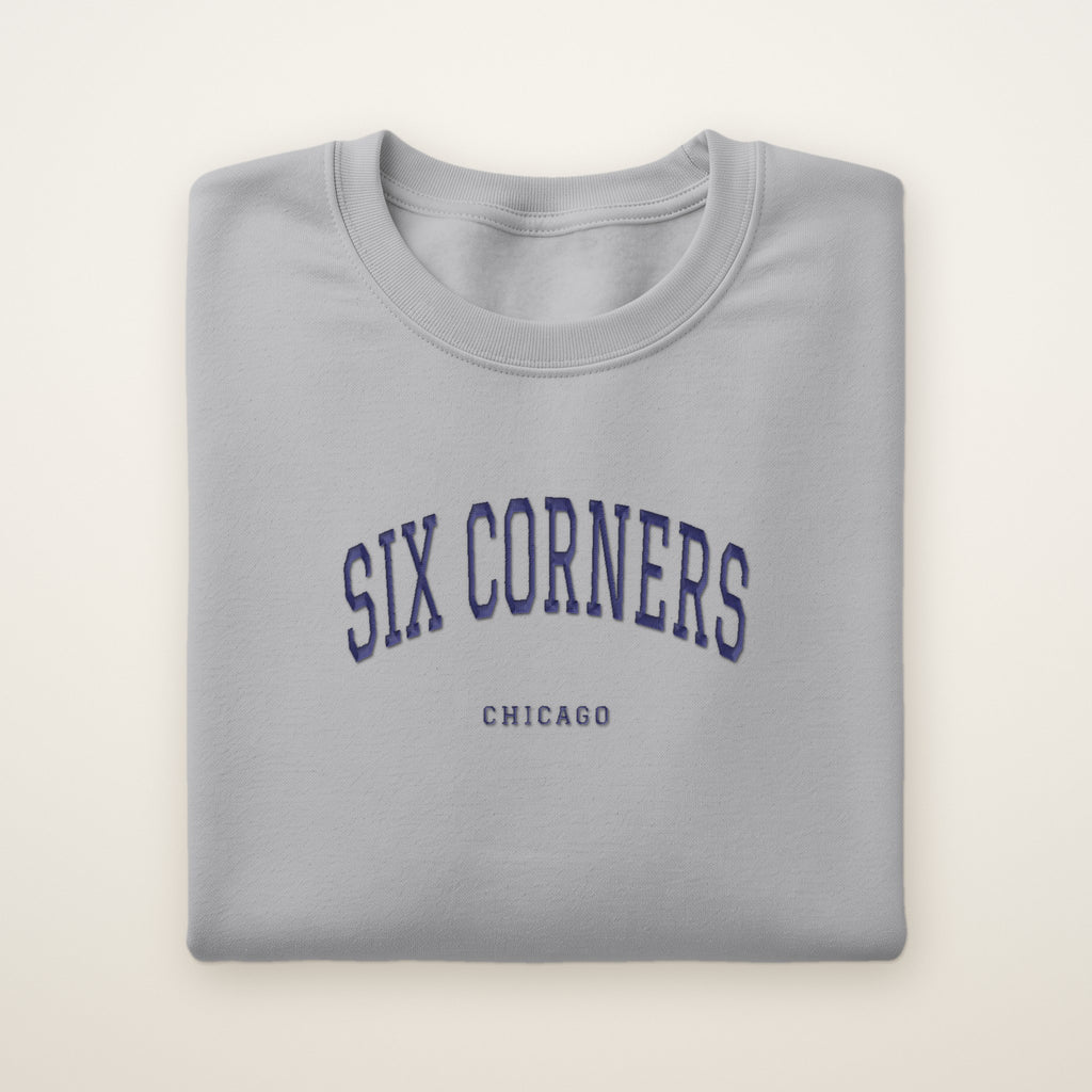 Six Corners Chicago Embroidered Crewneck — Navy Thread on Sport Grey
