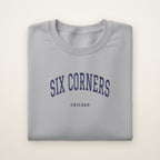 Six Corners Chicago Embroidered Crewneck — Navy Thread on Sport Grey