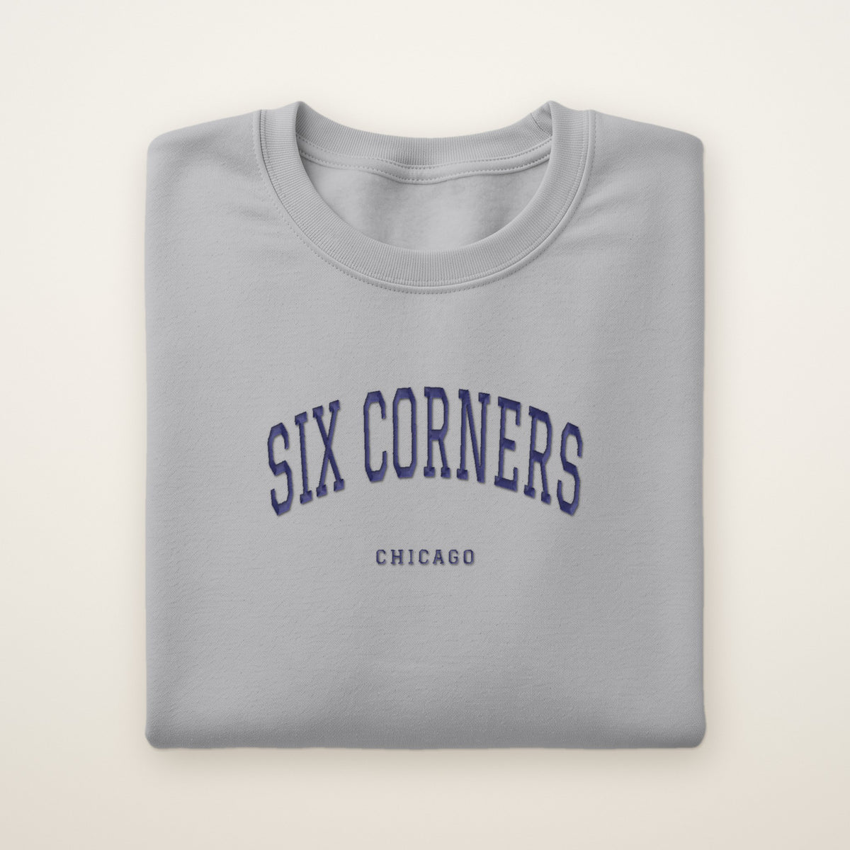 Six Corners Chicago Embroidered Crewneck — Navy Thread on Sport Grey
