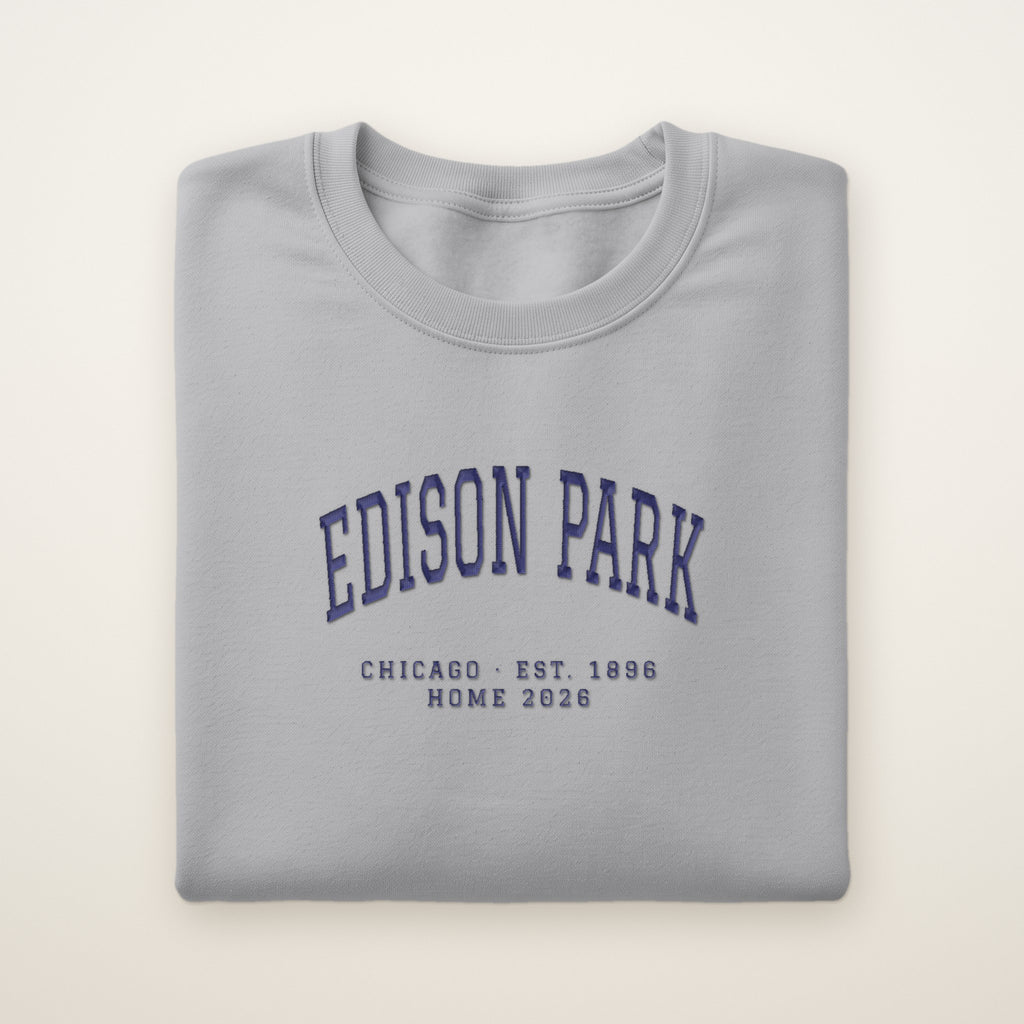 Edison Park Chicago Home 2026 Embroidered Crewneck — Navy Thread on Sport Grey
