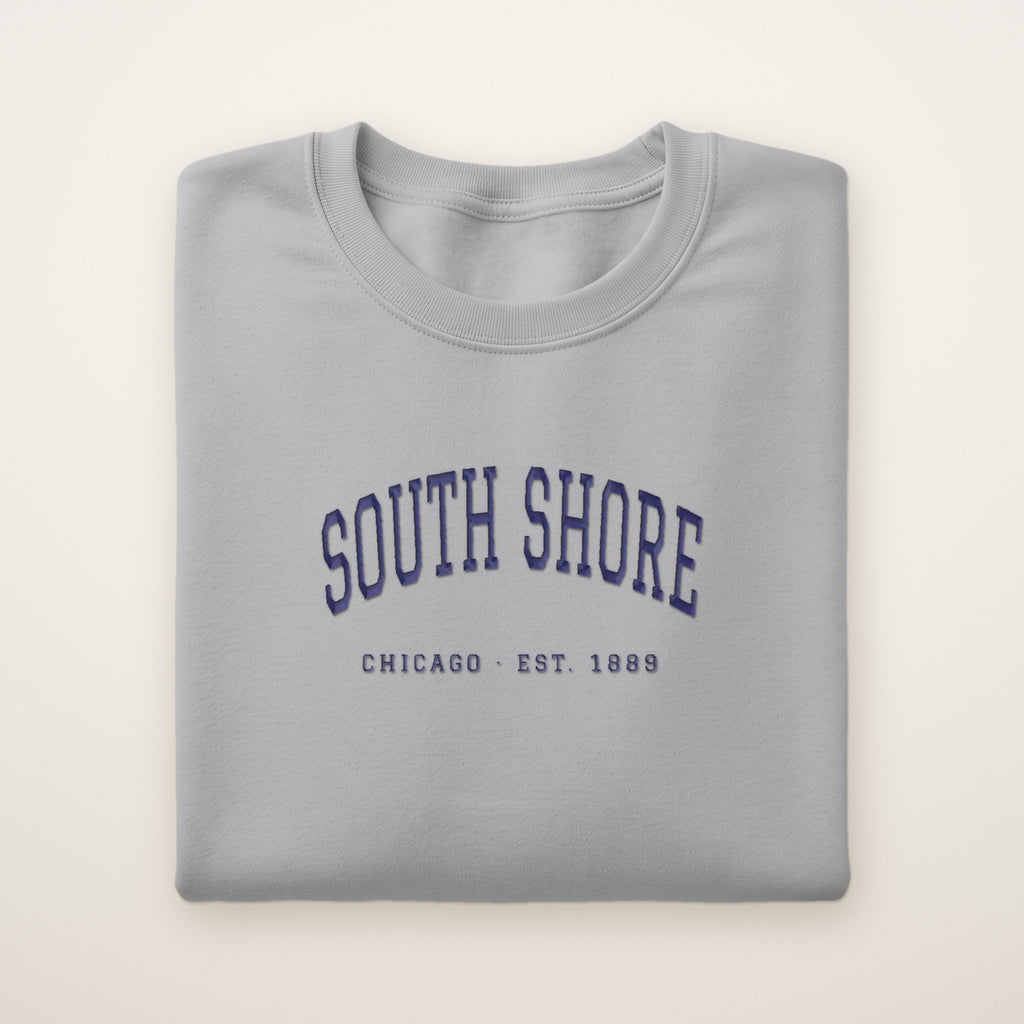 South Shore Chicago Embroidered Crewneck — Navy Thread on Sport Grey