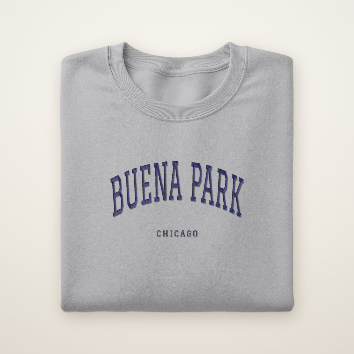 Buena Park Chicago Embroidered Crewneck — Navy Thread on Sport Grey