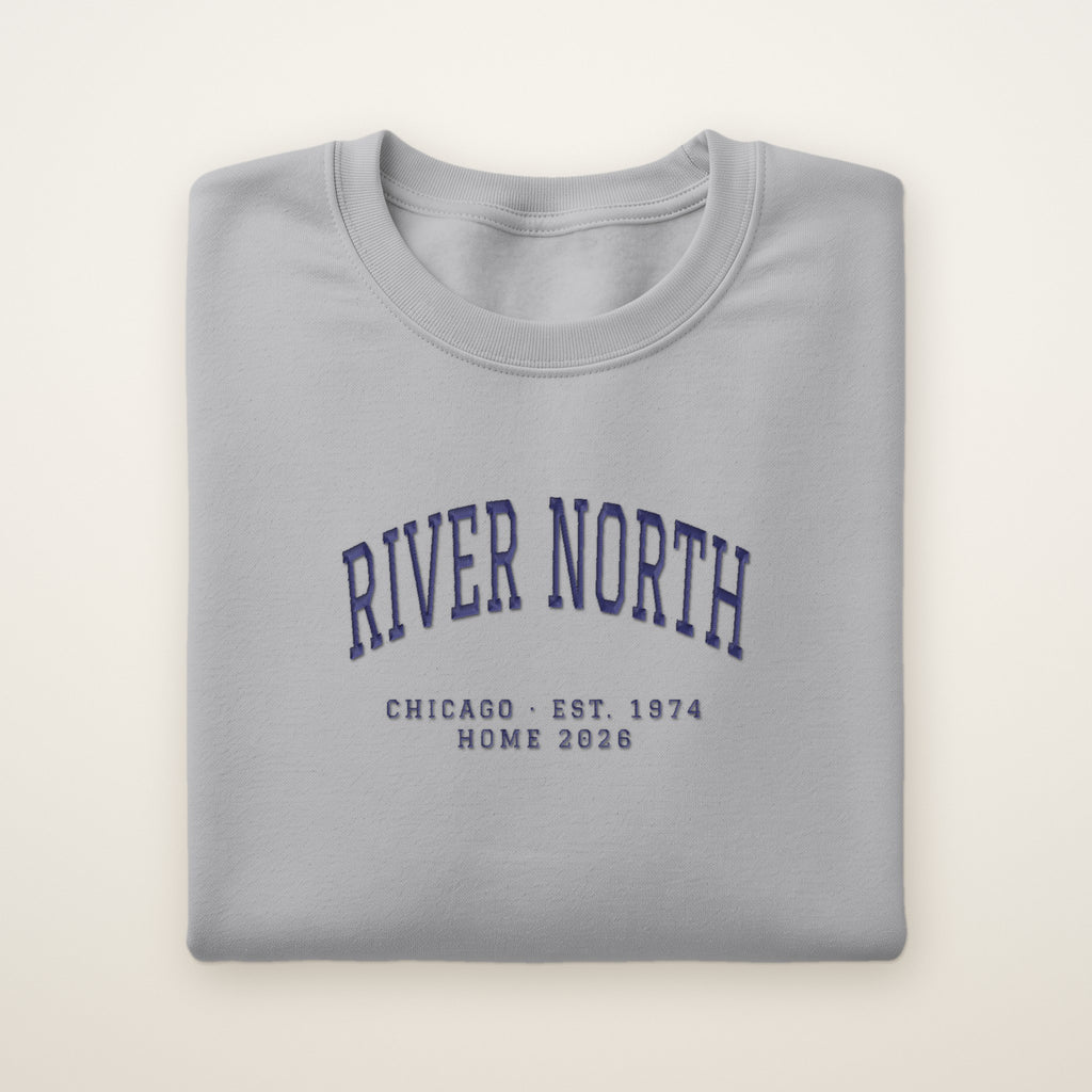 River North Chicago Home 2026 Embroidered Crewneck — Navy Thread on Sport Grey