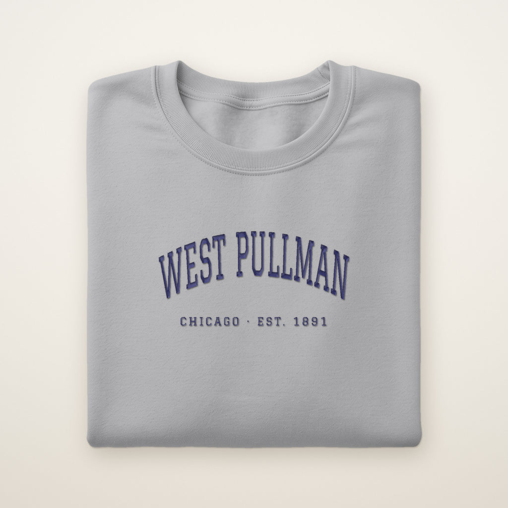 West Pullman Chicago Embroidered Crewneck — Navy Thread on Sport Grey