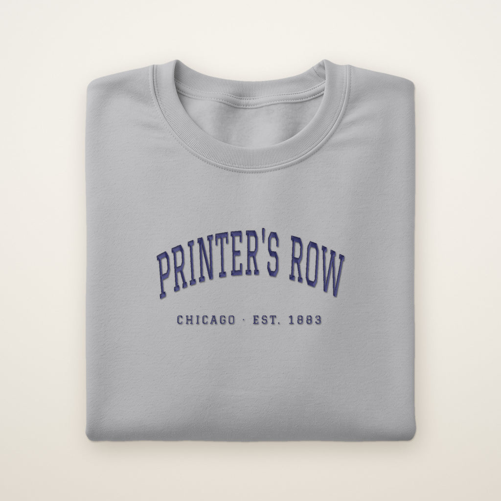 Printer's Row Chicago Embroidered Crewneck — Navy Thread on Sport Grey