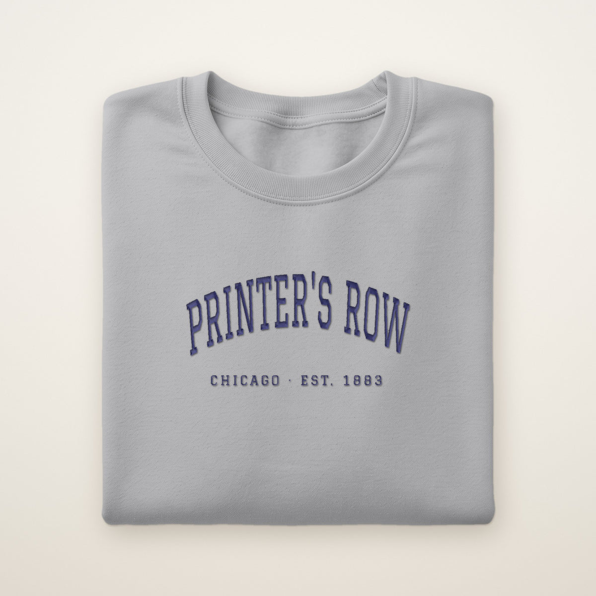 Printer's Row Chicago Embroidered Crewneck — Navy Thread on Sport Grey